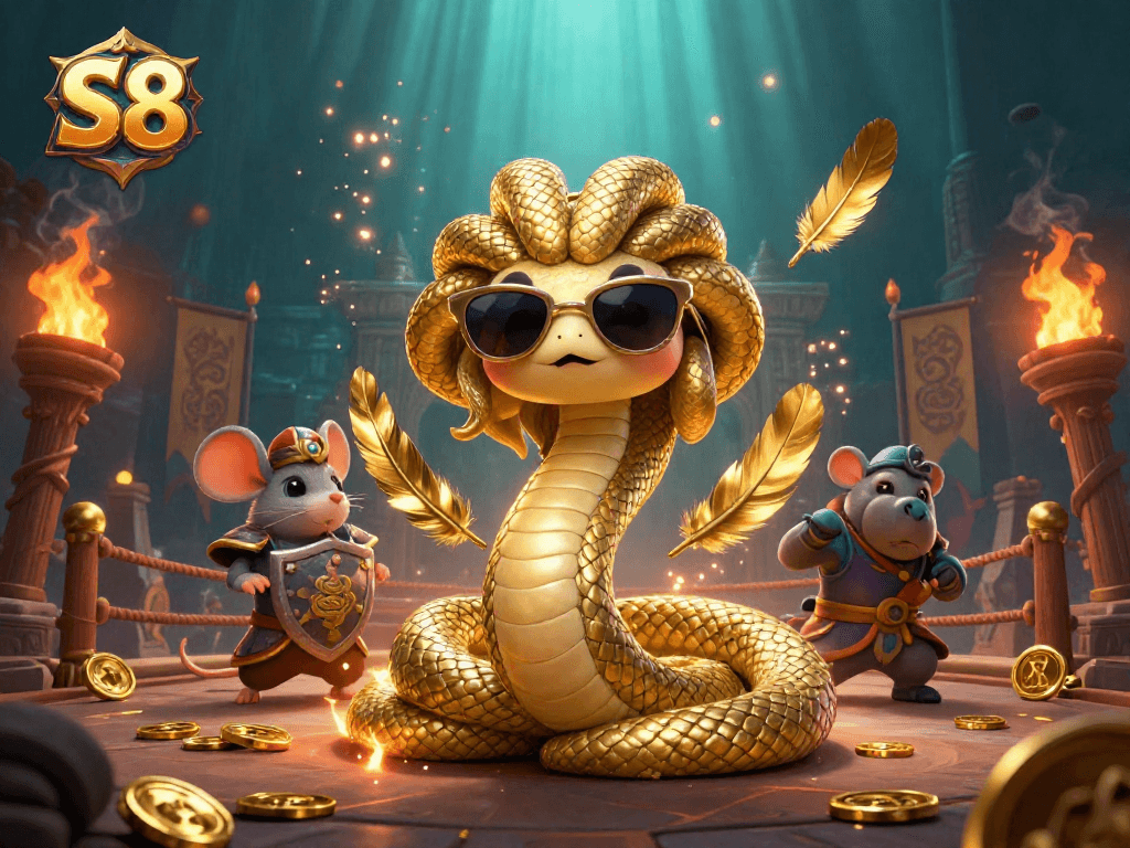S8 online casino features a friendly Medusa and warrior mouse amid coins and games, enhancing your betting excitement.
