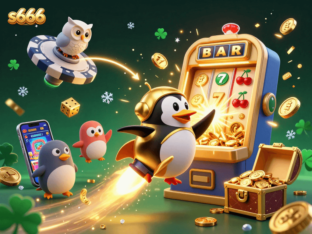 S666 penguin rocket ship soaring past a jackpot explosion, showcasing dynamic casino fun and excitement.