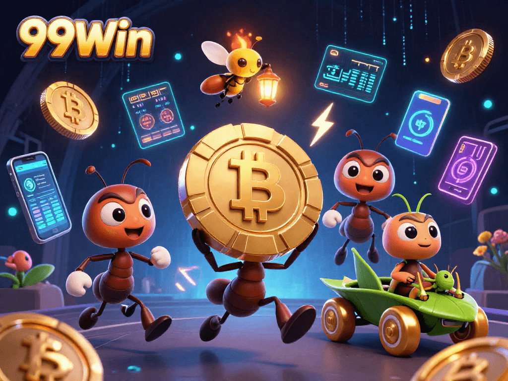 99Win gameplay elements showcase with animated ants carrying a golden chip, emphasizing vibrant casino atmosphere.