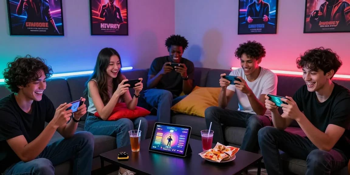 Vibrant social scene of players enjoying an android porn game together, showcasing excitement and gaming setup.