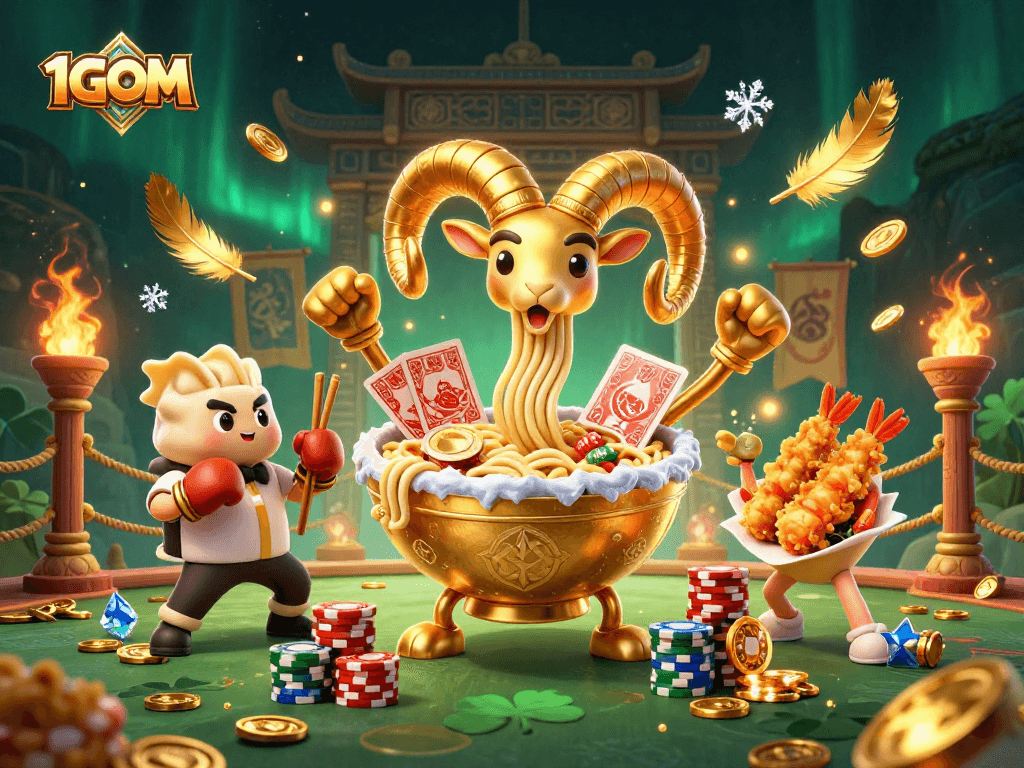 1GOM engages players with vibrant online gambling activities featuring a golden ramen bowl character.