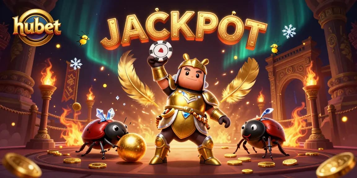 Win big with hubet: hercules beetle in victory pose with poker chip and golden ball, exciting casino scene