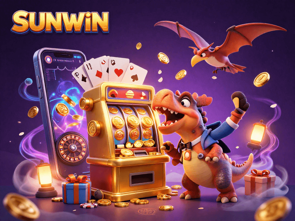 SUNWIN releases golden coins from a slot machine as a pachycephalosaurus celebrates, capturing the thrill of online gaming.