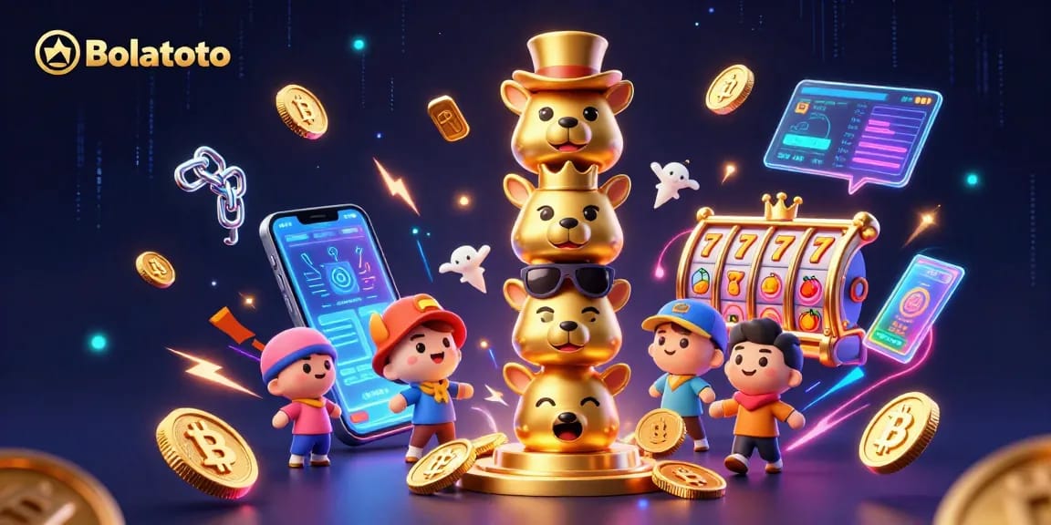 Bolatoto engages players with vibrant 3D slot reels, crypto coins, and animated totem characters.