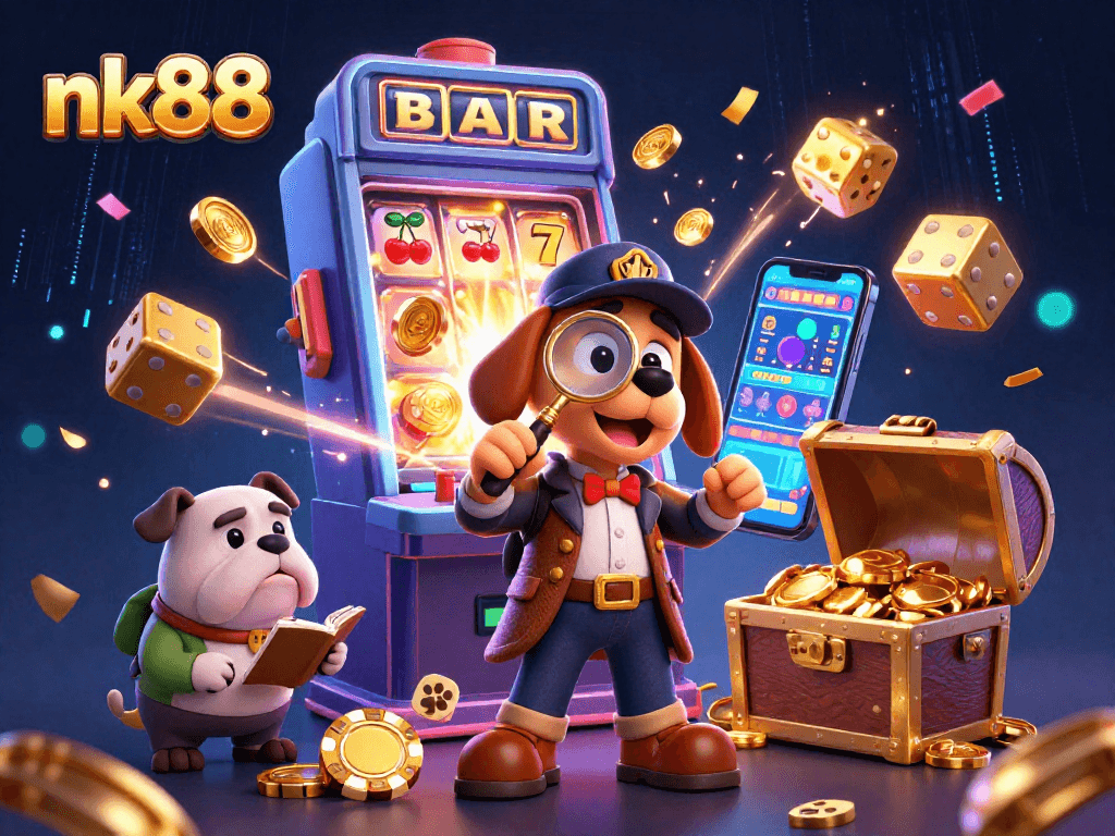 Join the thrill at nk88 with a cartoon detective and bulldog amidst a jackpot explosion!