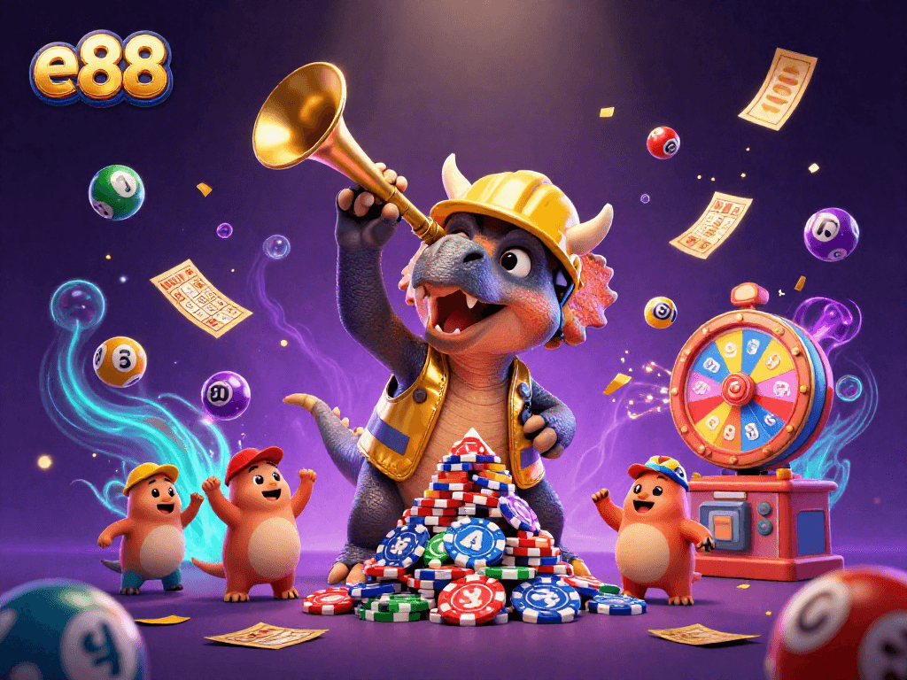 Experience exciting gameplay at e88 with colorful lottery balls and celebratory characters.