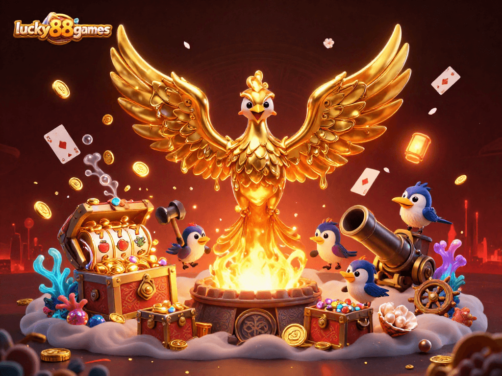 Engage in thrilling gameplay with lucky88games featuring a golden phoenix amidst dynamic casino elements.