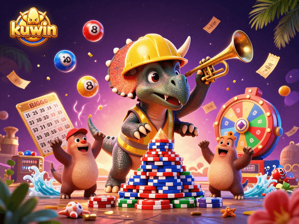 Kuwin brings excitement as a triceratops builds poker chips, celebrating with game elements.