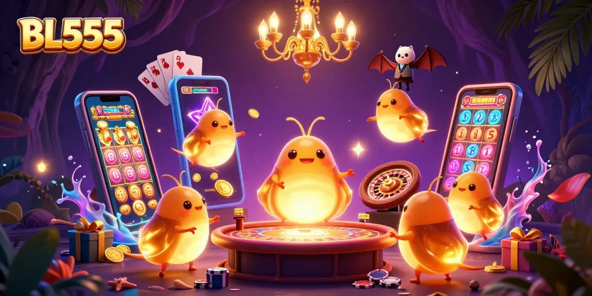 Experience the excitement of BL555 with vibrant glowworms lighting a casino scene filled with games and rewards.
