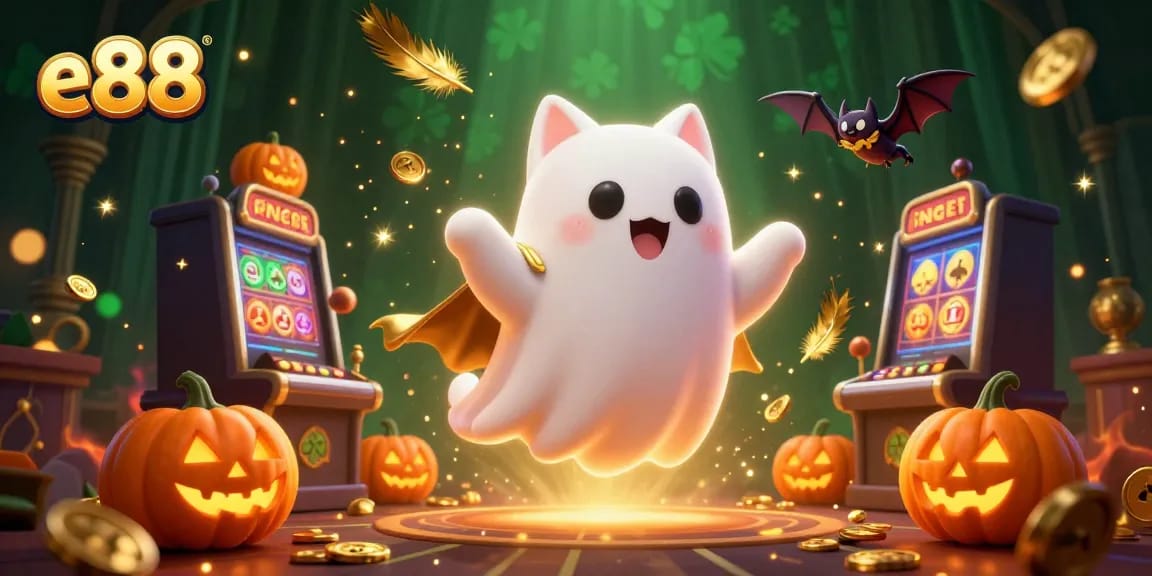 Engage with the thrilling world of e88 featuring a ghost cat and a bat in a vibrant casino scene.