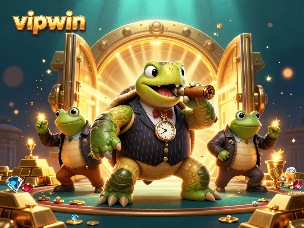 Win big with vipwin's colorful casino scene featuring characters like a turtle in a tuxedo.