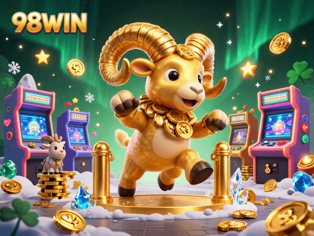 Engage in thrilling gaming at 98WIN, featuring a golden ram charging through an exciting casino scene.
