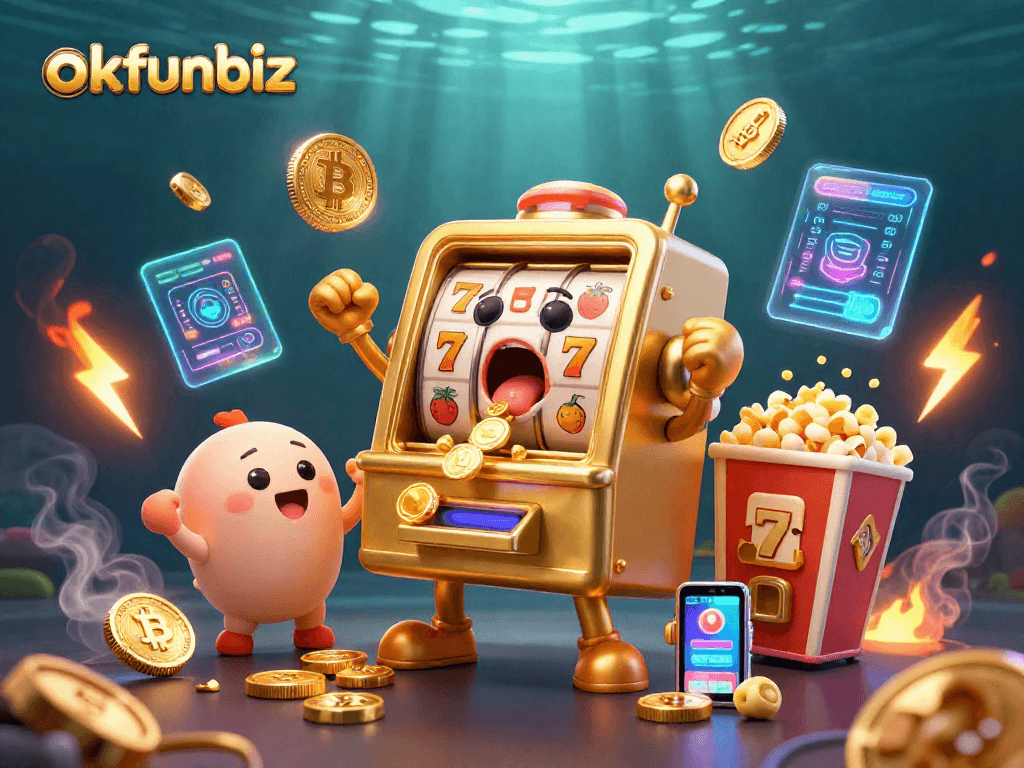Spin the reels with okfunbiz; a cheerful golden slot machine hits the jackpot!
