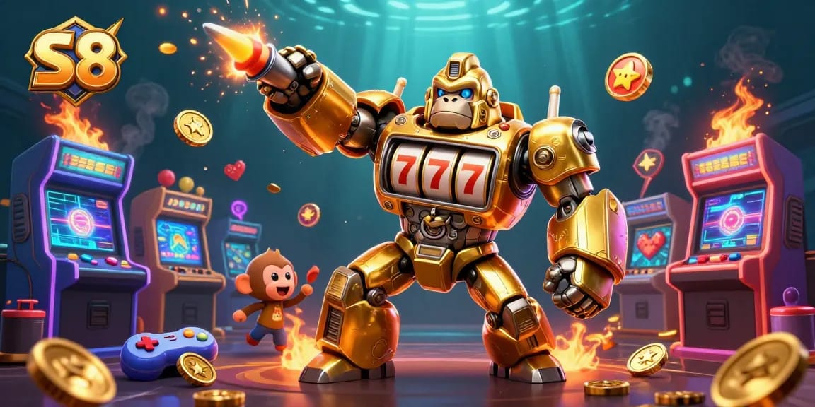 Experience S8's exciting gambling action with a dynamic golden gorilla mech surrounded by vibrant arcade elements and coins.