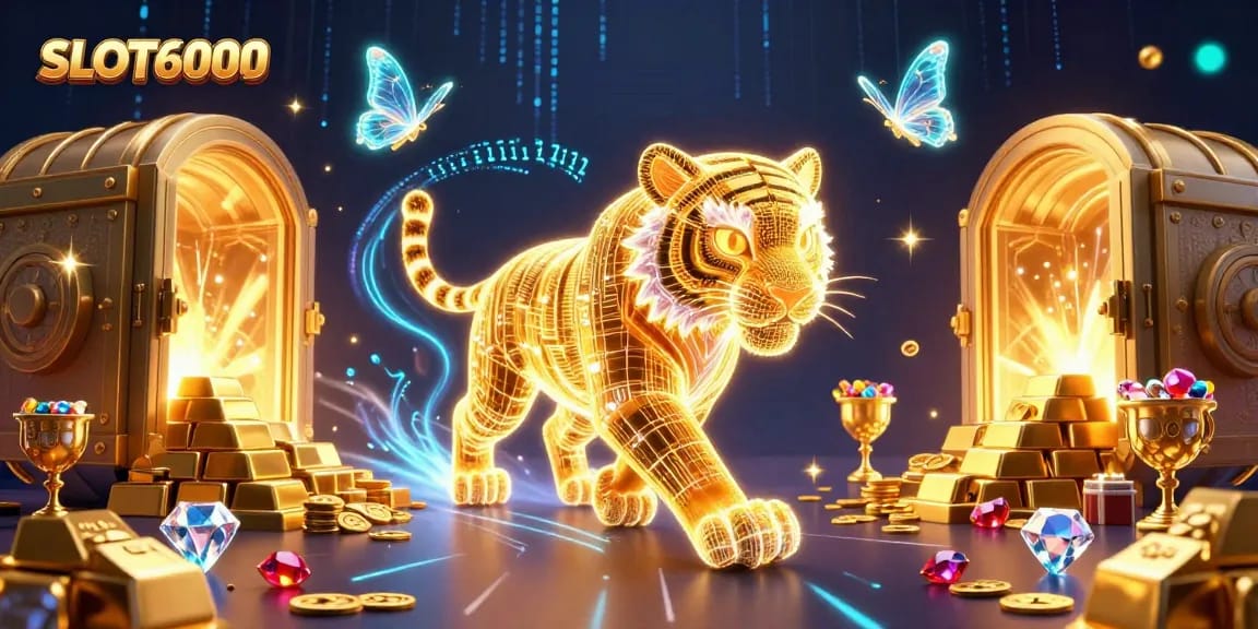 Spin up excitement with SLOT6000 as a glowing tiger navigates a dazzling digital casino.