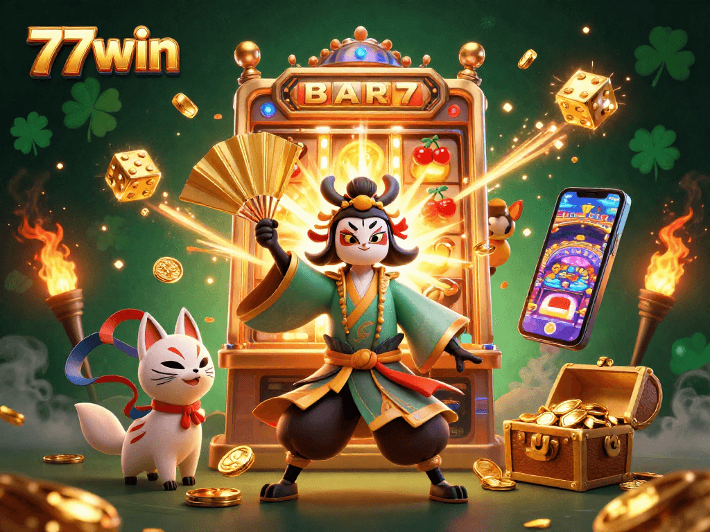 Experience thrilling gameplay at 77win with a vibrant casino scene bursting with excitement and rewards.