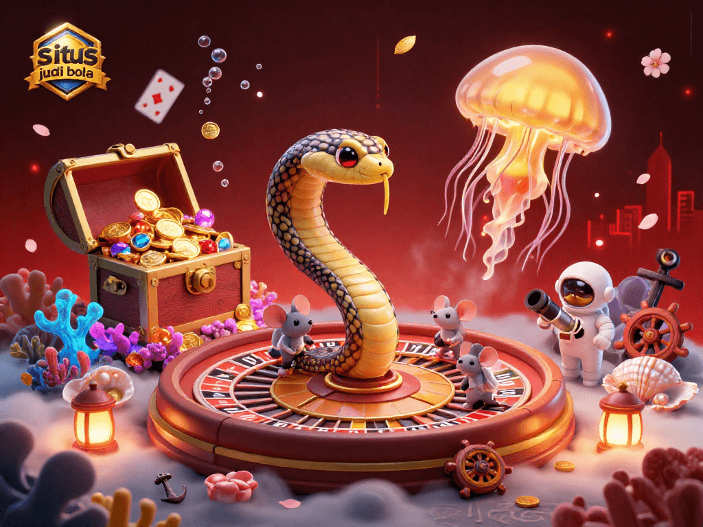 Situs judi bola engaging scene featuring character interactions with a roulette wheel and treasure elements.