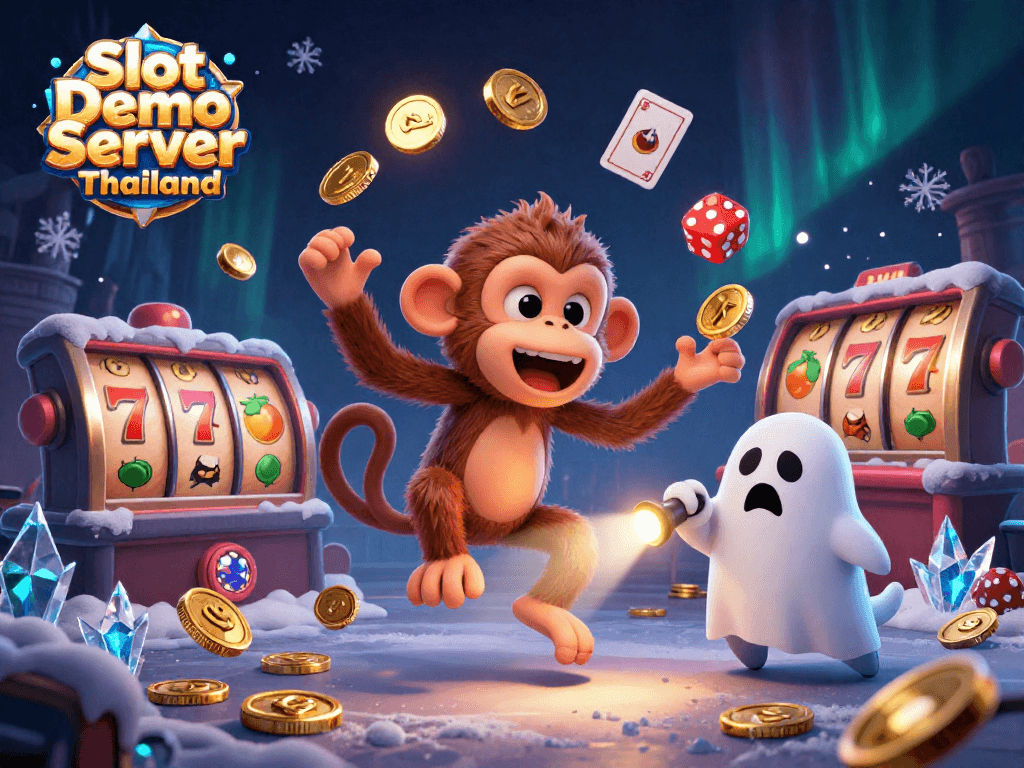 Experience the thrill of Slot Demo Server Thailand with a haunted casino scene featuring a mystical monkey and puppy.