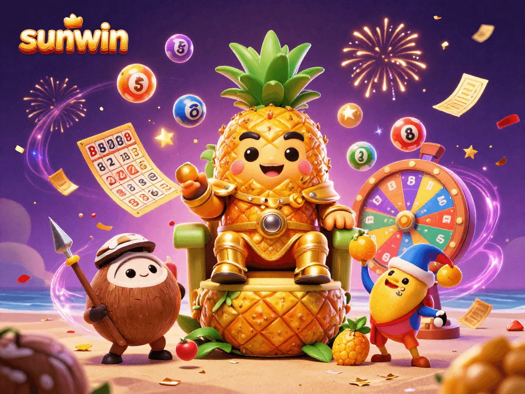 Engage with sunwin's vibrant beach casino illustration featuring lottery elements and a golden pineapple king.