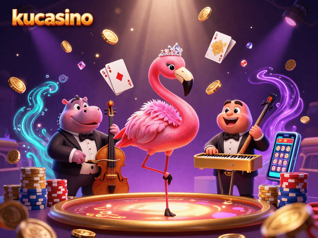 kucasino features vibrant 3D casino characters amidst golden coins and sparkling gems.
