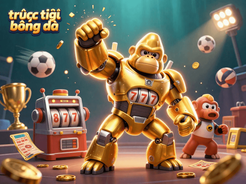 Engage with trực tiếp bóng đá via dynamic sports betting scene featuring a mech gorilla and flying sports balls.