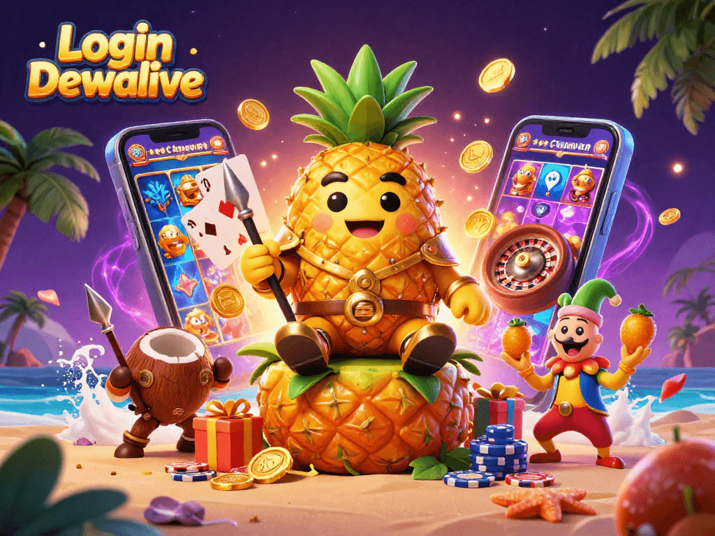 Spin the reels and win with Login Dewalive in a vibrant 3D casino scene featuring exciting game elements.