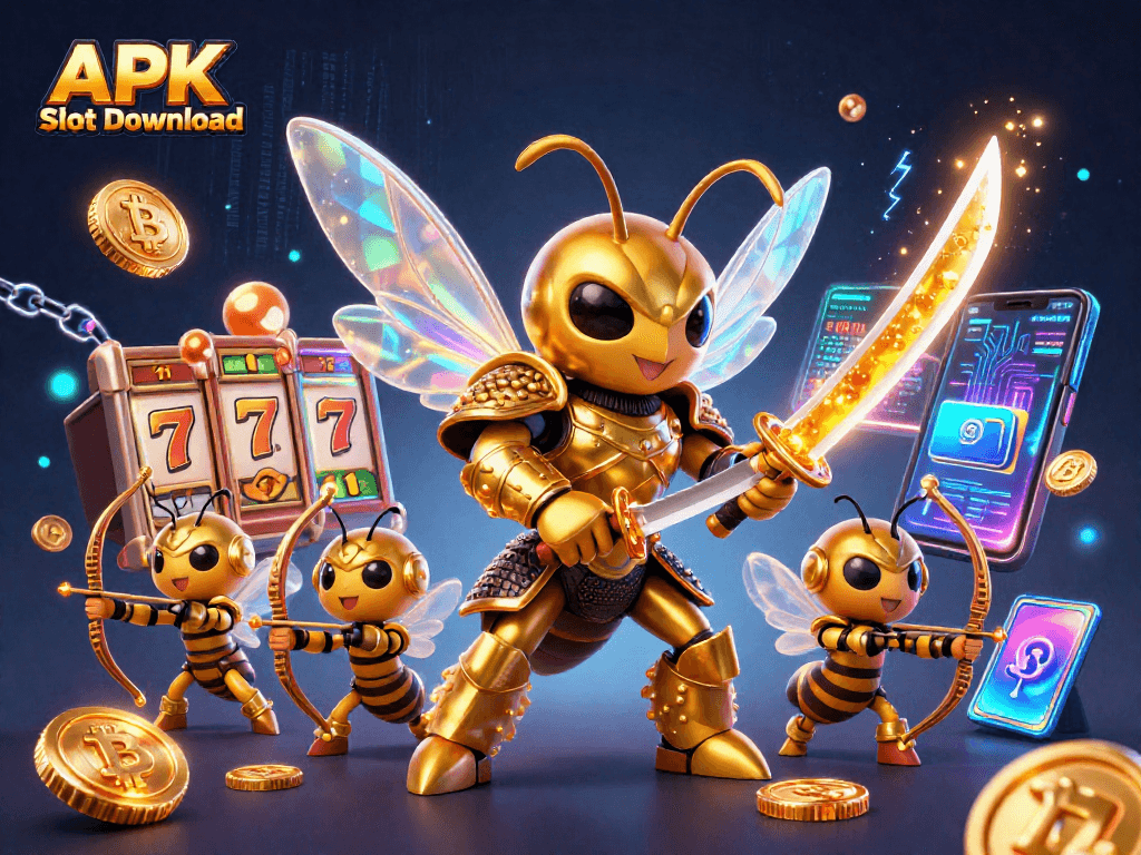 Engage with APK Slot Download featuring a vibrant illustration of a hornet samurai and filled slot reels.