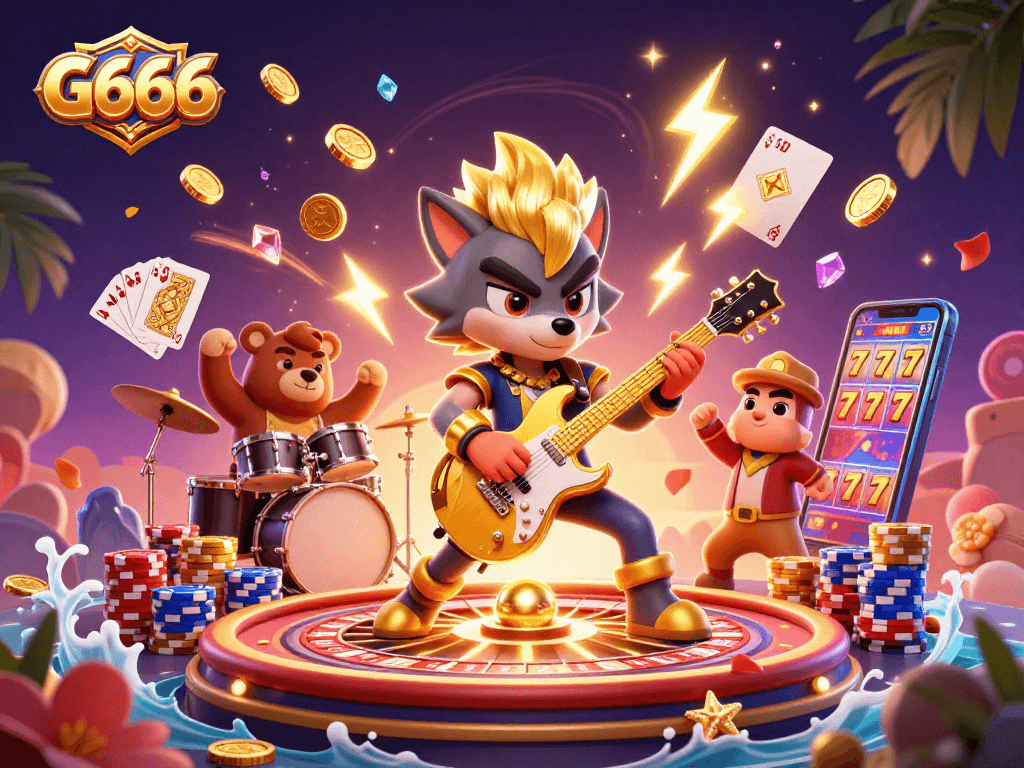 Experience the thrill of G666 with a rock star wolf and drummer bear in a dynamic casino scene filled with golden coins and jackpots.