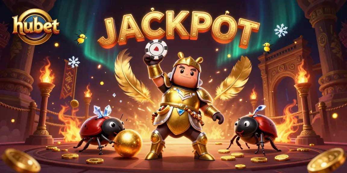 Win big with hubet: hercules beetle in victory pose with poker chip and golden ball, exciting casino scene