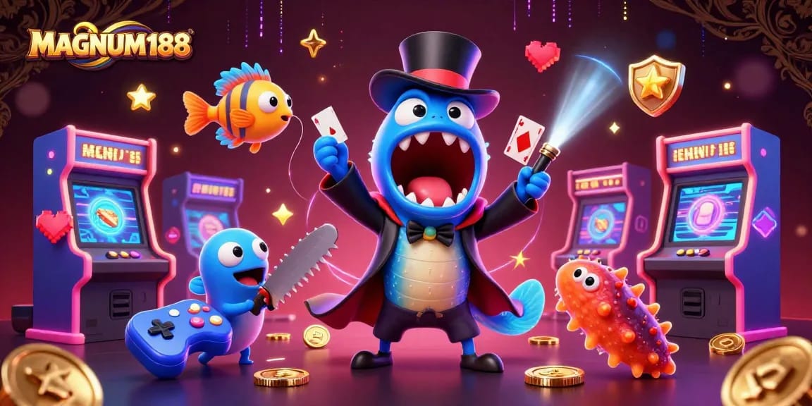 Engage with MAGNUM188's thrilling magic act featuring a card trick eel amidst exciting gaming elements.