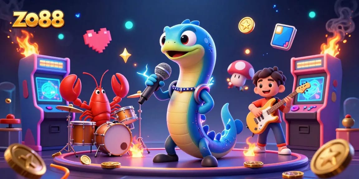 Experience the thrilling world of zo88 in an underwater casino with vibrant characters and arcade games.