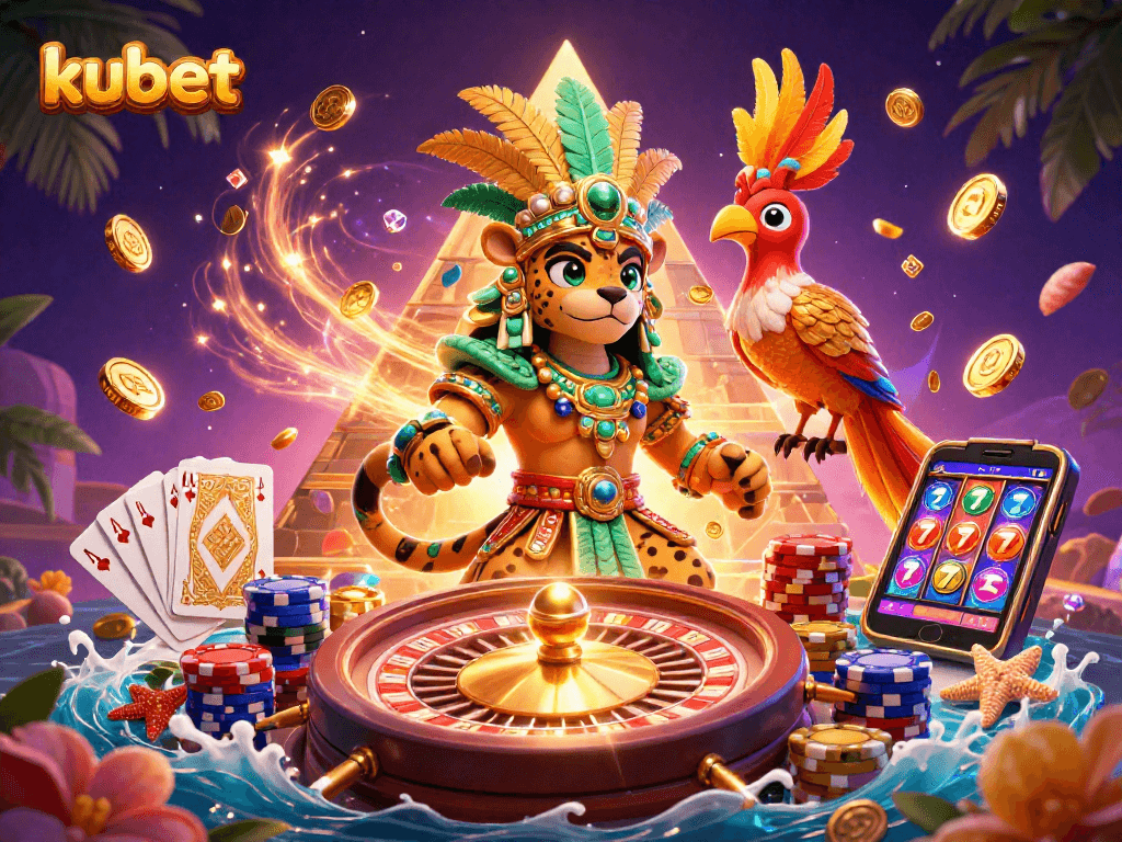 Engage with kubet's thrilling gambling world featuring a Mayan jaguar priest and vibrant casino elements.