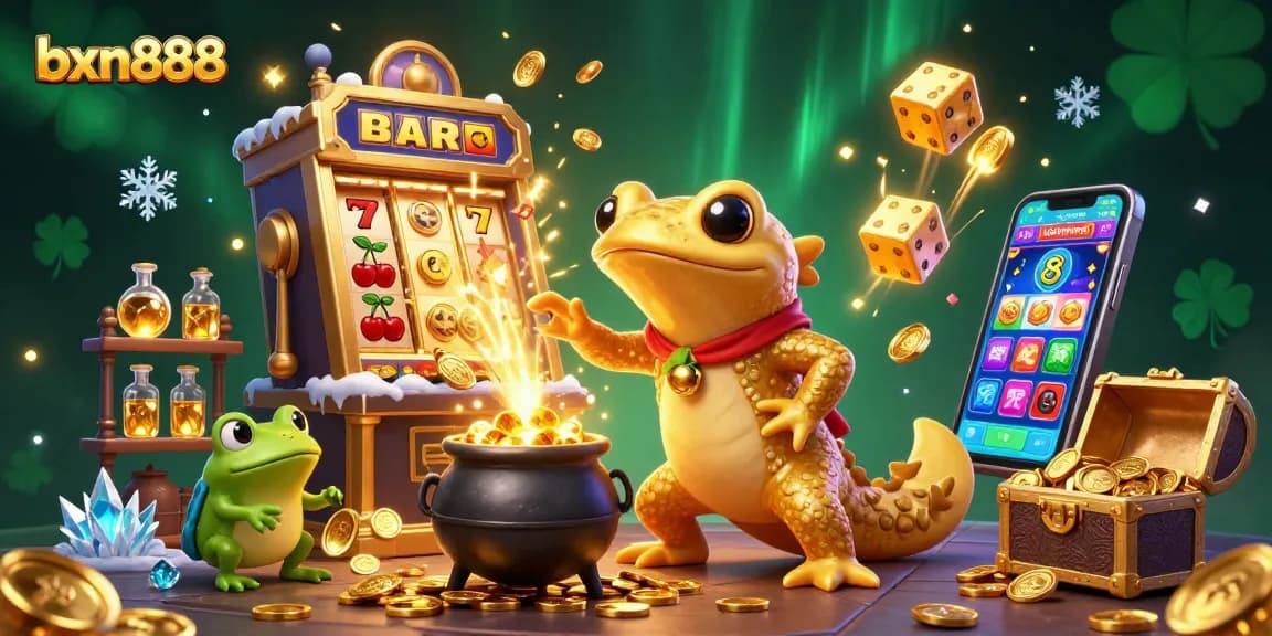 Experience the exhilarating world of bxn888 with a dynamic 3D scene featuring a golden salamander alchemist amidst casino excitement.