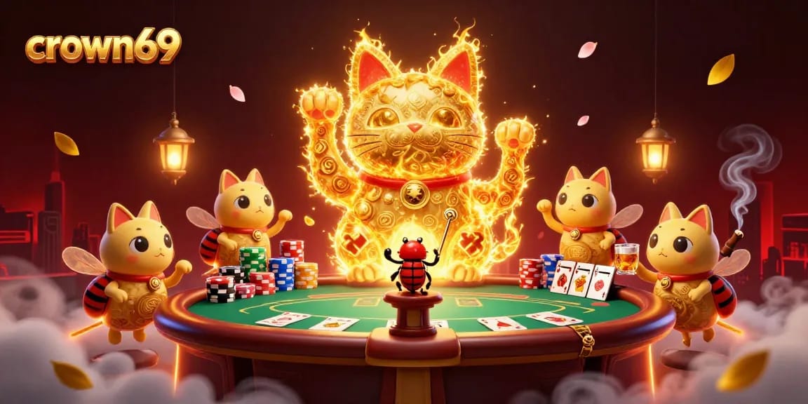 Experience thrilling gameplay at crown69 with a vibrant lucky cat and dynamic poker scene.