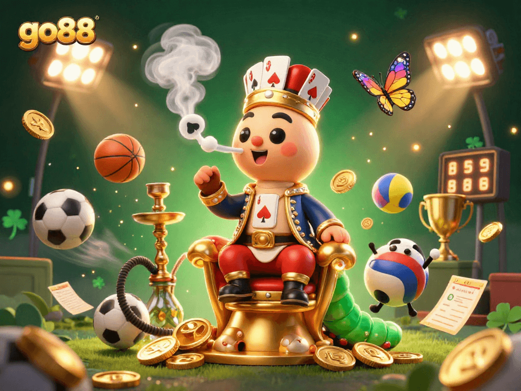Join the excitement at go88 with a vibrant scene of a caterpillar master and flying sports elements!