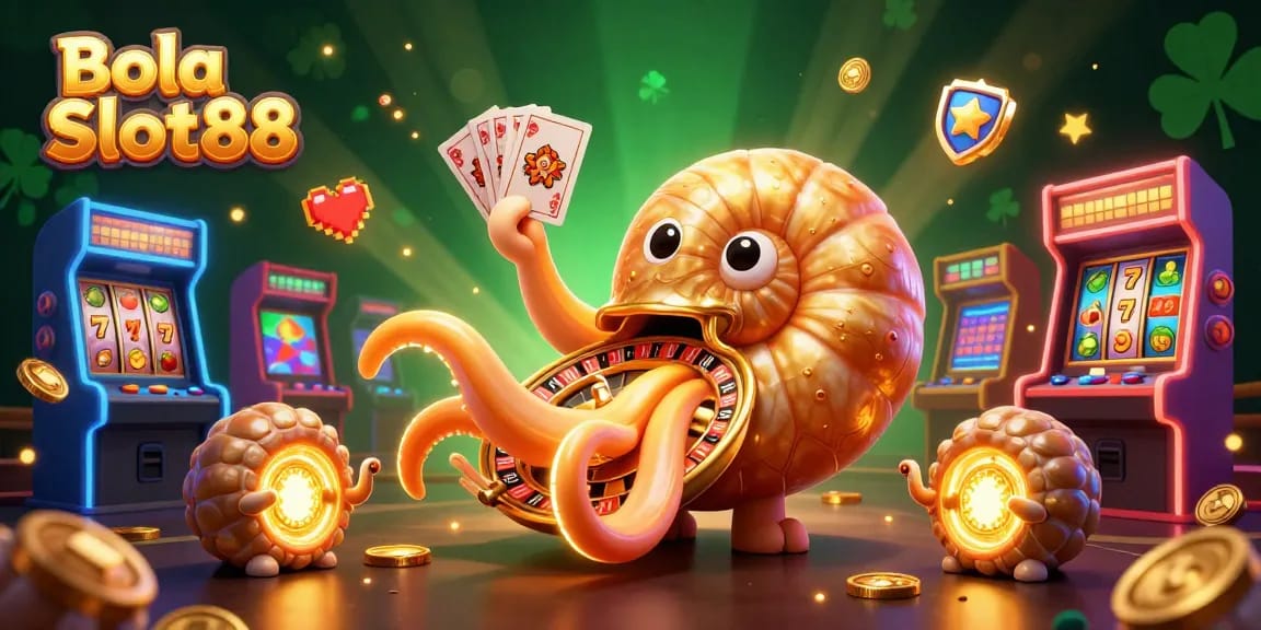 Bola Slot88 showcases vibrant 3D casino elements with an ancient nautilus, slot reels, and golden sparkle effects.