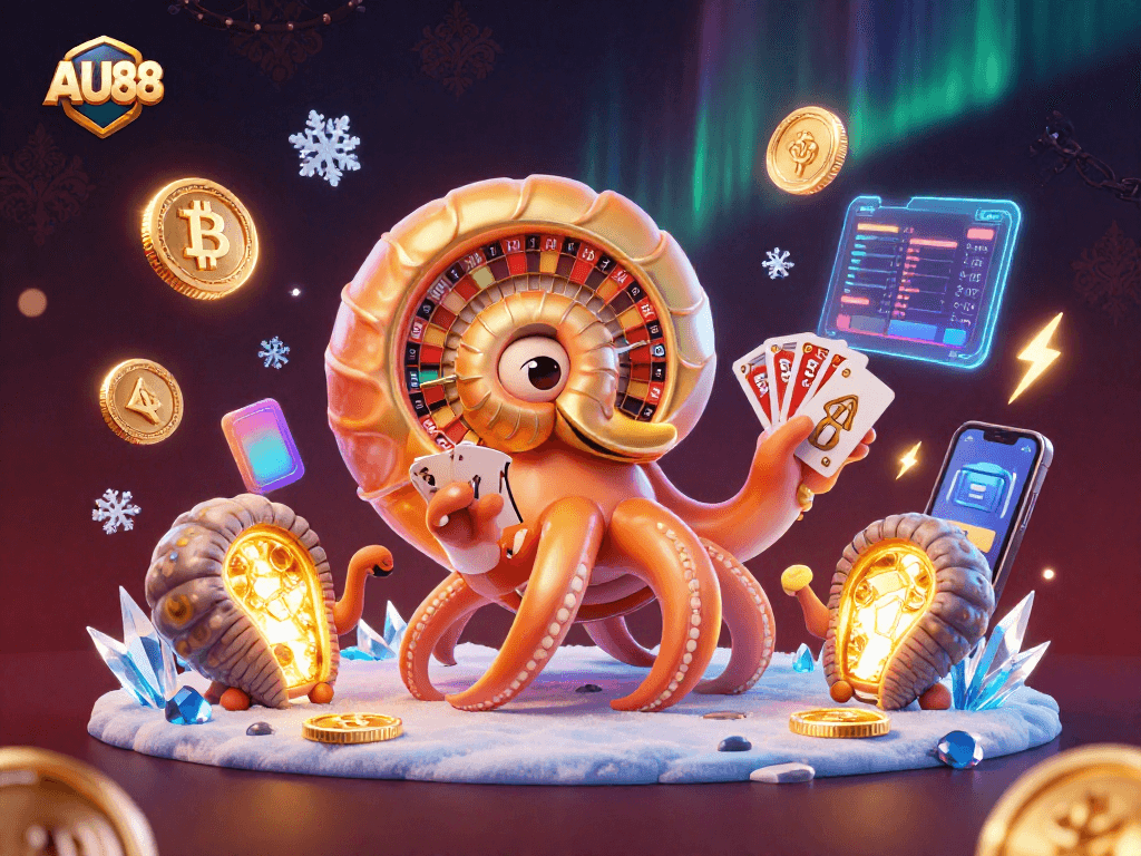 Engage in thrilling gameplay at AU88 with a vibrant 3D scene showcasing casino elements and crypto coins.