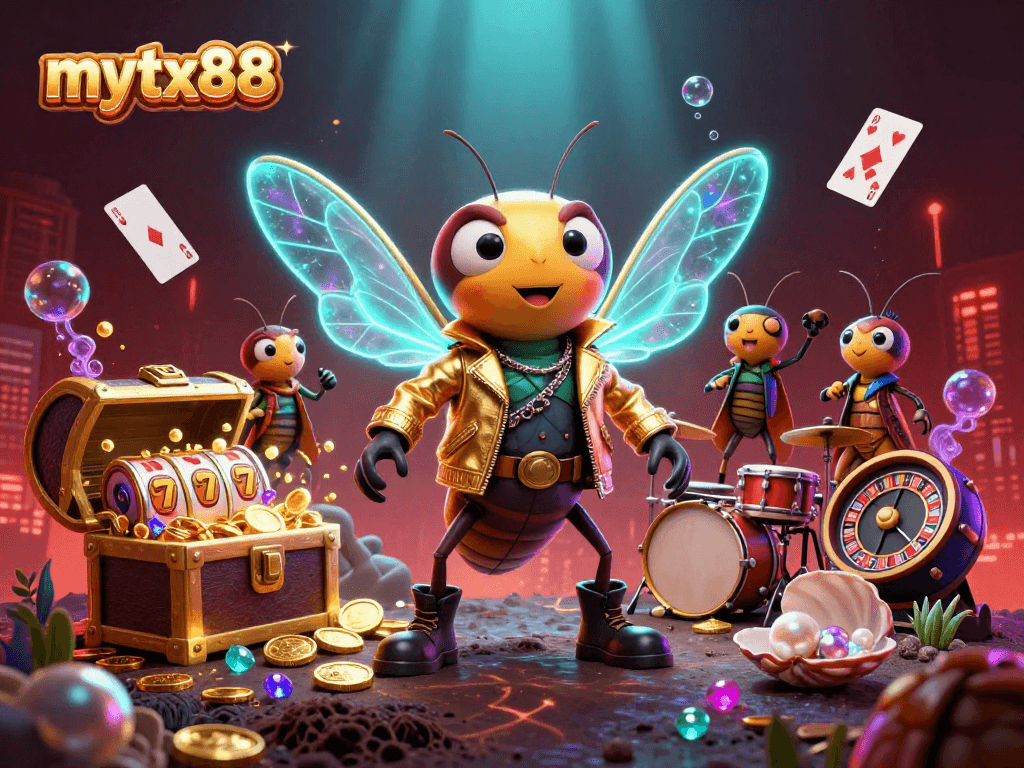 Experience thrilling excitement with mytx88 as a vibrant cartoon rock star and dynamic gambling elements illuminate the scene.