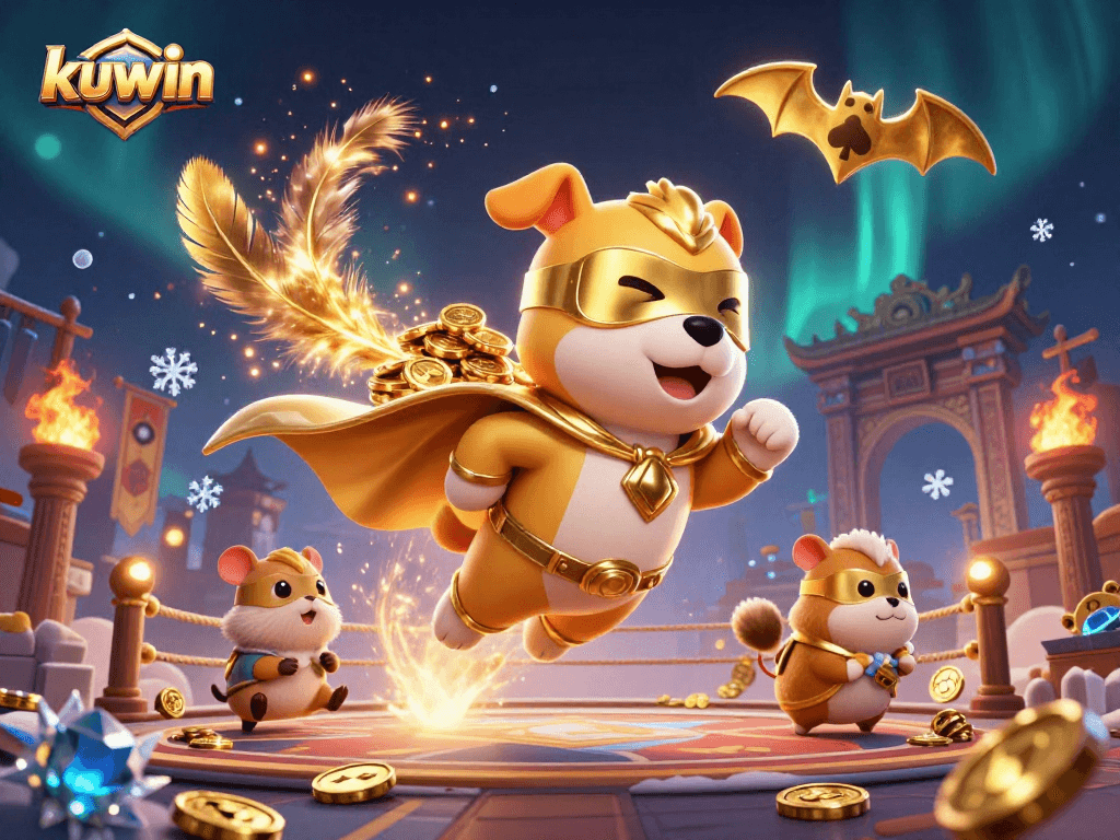 Join the adventure with kuwin as a superhero dog and hamster vie for gold coins in an exhilarating casino scene.