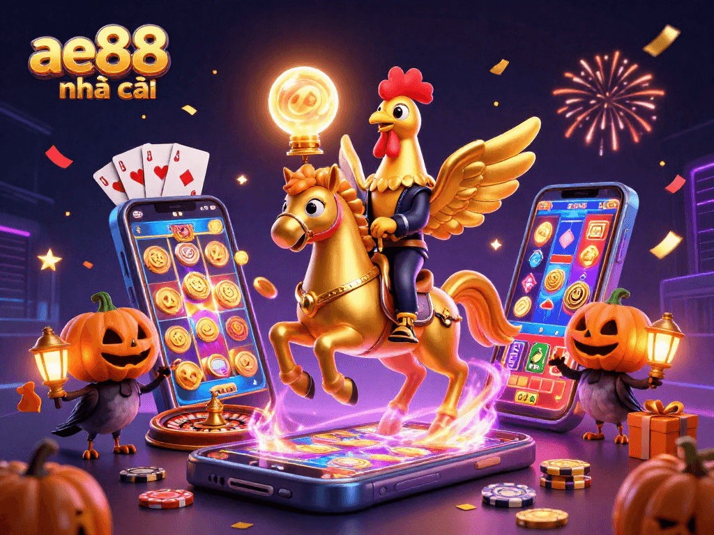 Join the fun at ae88 nhà cái with this vibrant casino scene showcasing golden rooster heroes and exciting games.