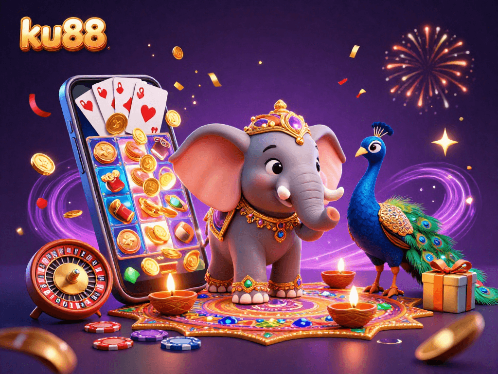 ku88 slot game excitement portrayed through vibrant Diwali-themed characters with dynamic gambling elements