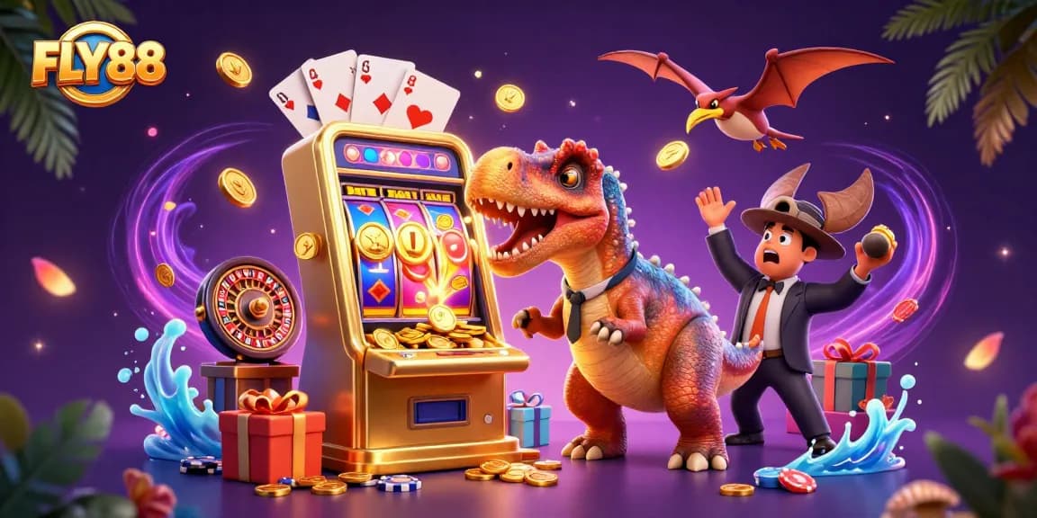 FLY88 engaging players with a dynamic casino scene featuring a jackpot win and golden coin shower.