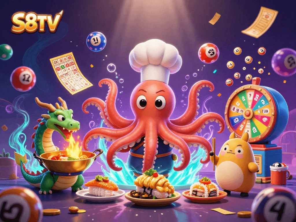 S8TV showcases a vibrant casino scene with dynamic lottery games, colorful elements, and unique characters.