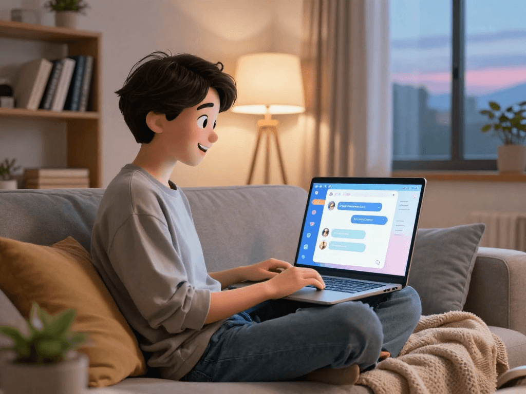 Interactive sex chat ai session with a friendly animated character and user on a laptop in a cozy living space.