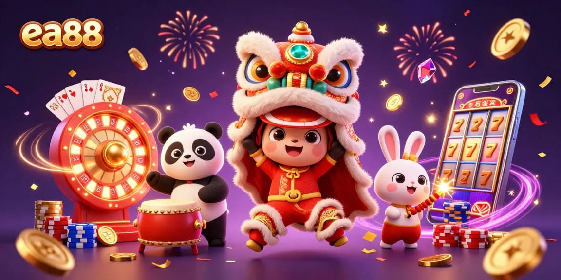 Join the excitement at ea88 with a lively lion dance and vibrant casino elements.