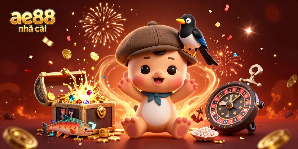 Experience ae88 nhà cái with a charming Nessie and magpie in a vibrant casino-themed underwater scene.