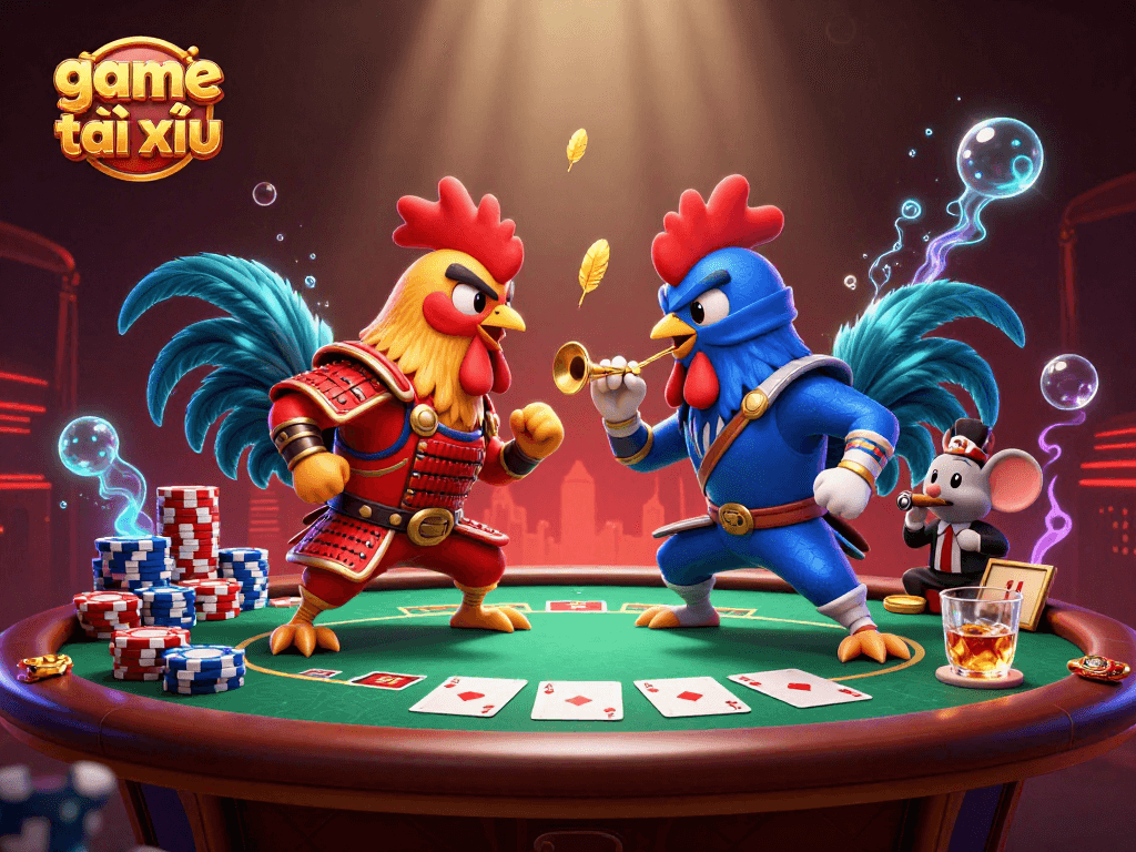 Engage in game tài xỉu excitement with 3D cartoon fighting roosters at a vibrant poker table.