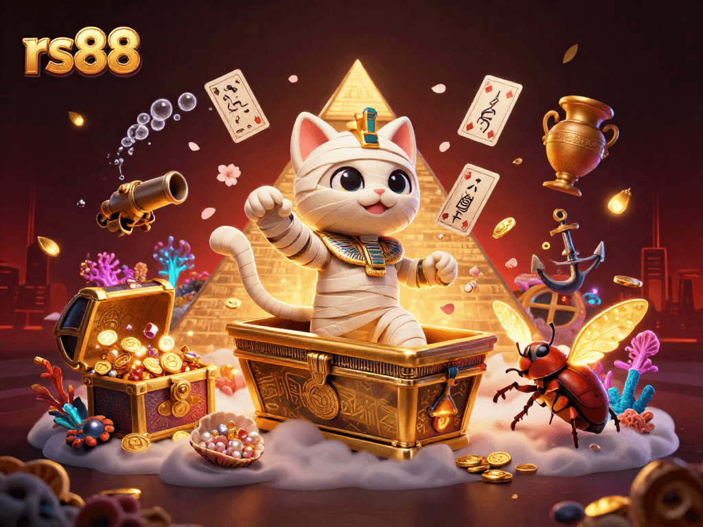 Experience thrilling wins at rs88 with an Egyptian mummy cat and golden treasures in a vibrant casino setting.