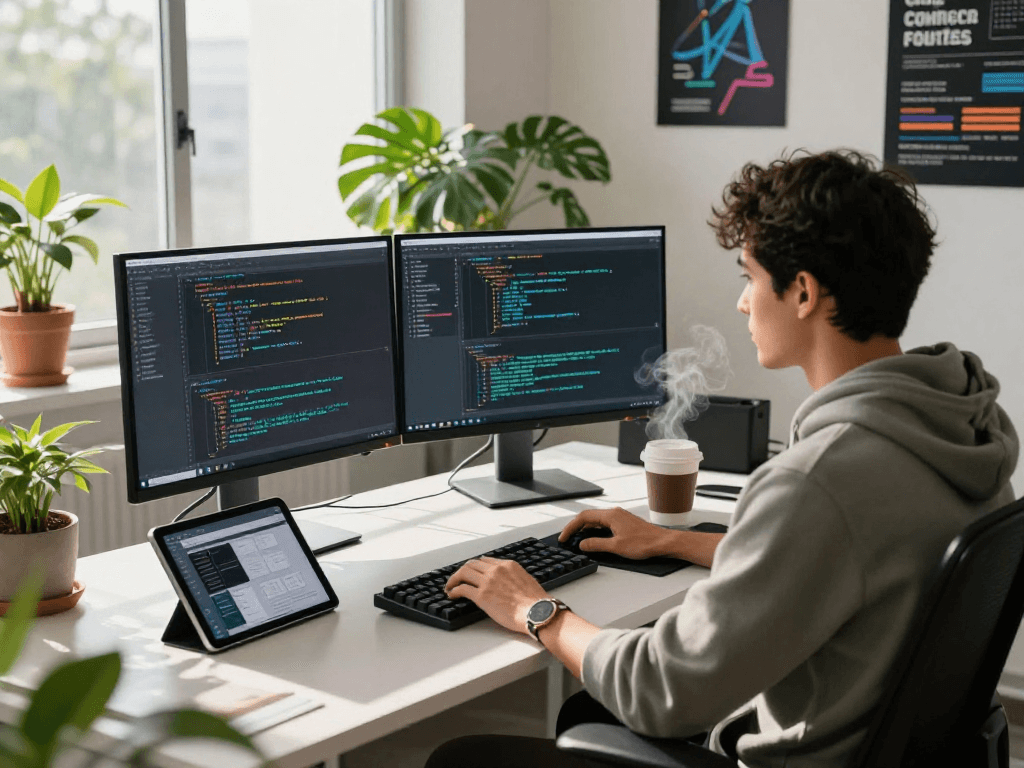 Innovative workspace with a software engineer coding using crush ai technology within a bright, modern office setting.