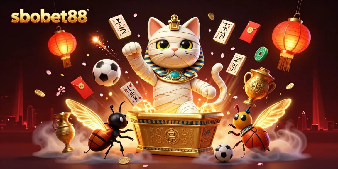Experience sbobet88 sports excitement with an Egyptian mummy cat in a vibrant casino scene.